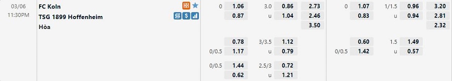 Bảng tỷ lệ kèo Koln vs Hoffenheim, 23h30 CN ngày 06/03